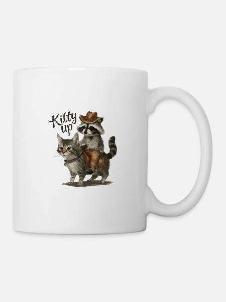 Niedlicher Waschbär reitet Katze Lustige Kinder - Tasse - Weiß