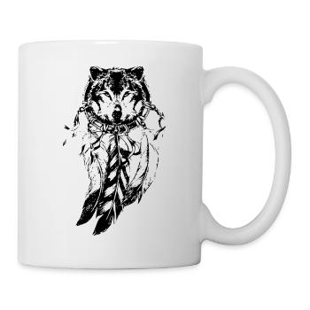 Wolf in dream catcher, feathers - Mug - white - Right