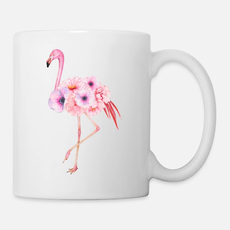 Flamant. Flamant rose avec des fleurs. - Mug blanc - blanc