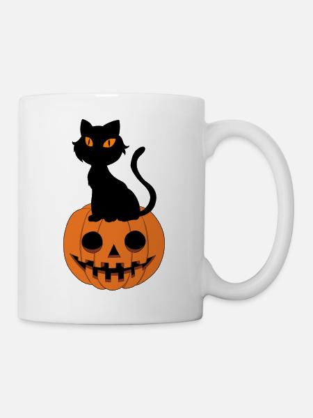 Cute Halloween pumpkin with cat, hangover - Mug - white