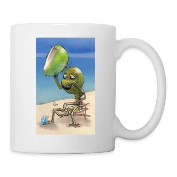 Crazy Comic Alien on a beach with a space coconut - Mug - white - Right