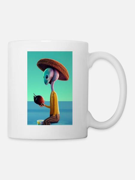 Crazy Comic Alien sur une plage avec un espace cocotier - Mug blanc - blanc
