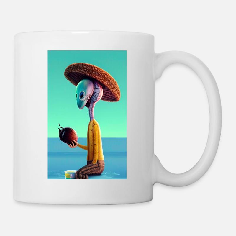 Crazy Comic Alien sur une plage avec un espace cocotier - Mug blanc - blanc