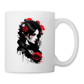 Frau im Gothic-Style mit weißen und roten Rosen - Tasse - Weiß - Rechts