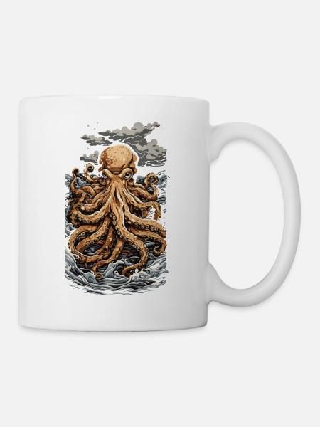 Ukiyo-E Oktopus Retro Japanische Meereskunst - Tasse - Weiß