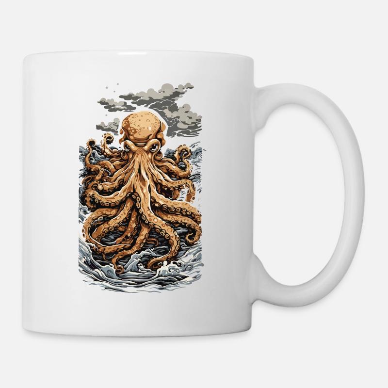 Ukiyo-E Oktopus Retro Japanische Meereskunst - Tasse - Weiß