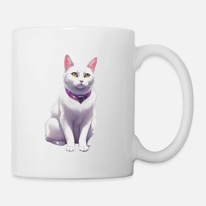 Chat blanc avec un collier violet - Mug blanc - blanc