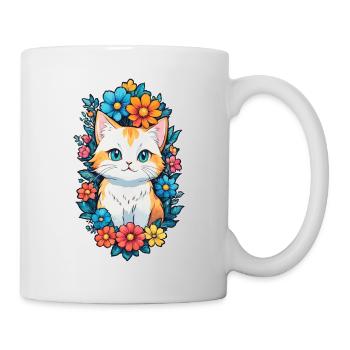 Katze und Blume Aquarell - Tasse - Weiß - Rechts