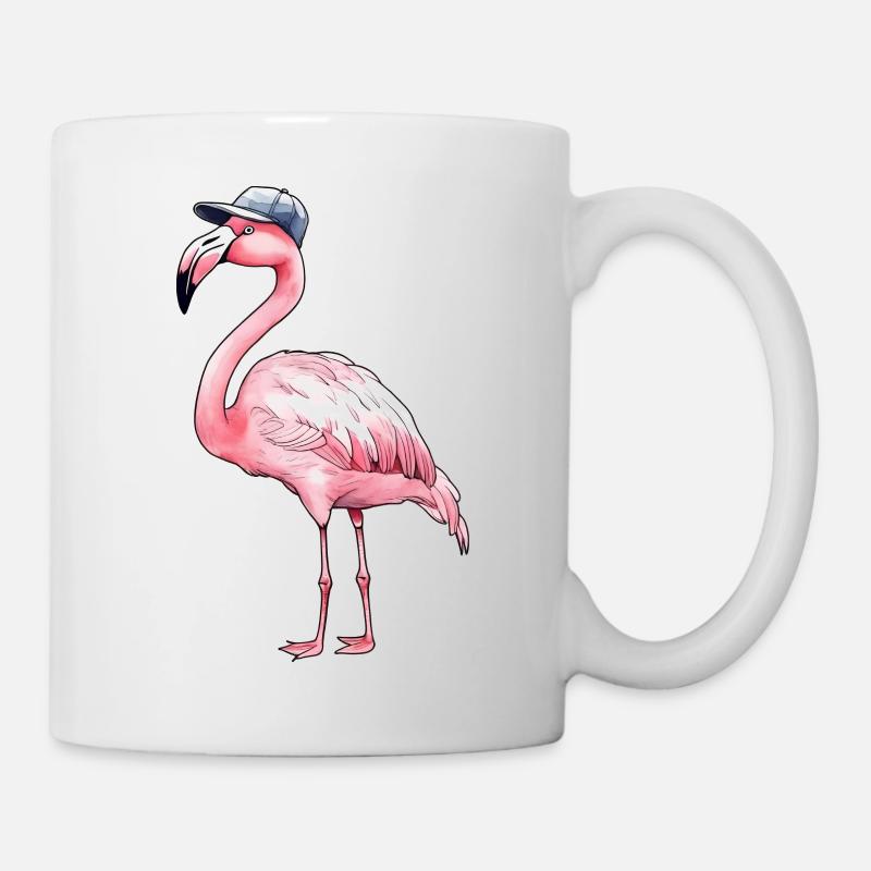 Pinker Flamingo mit Baseball Cap - Tasse - Weiß