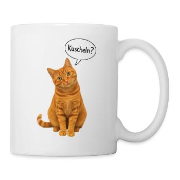 Red cat with tilted head asks: "Cuddle?" - Mug - white - Right
