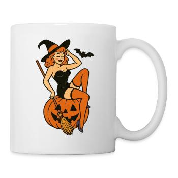 Vintage Hexe mit Jack-o-Lantern Szene - Tasse - Weiß - Rechts