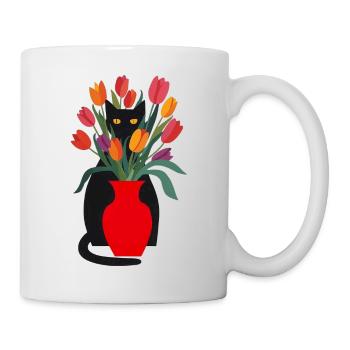 Schwarze Katze und Tulpen - Tasse - Weiß - Rechts