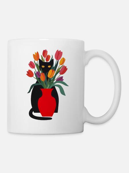 Black cat and tulips - Mug - white