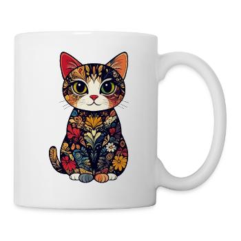 Kunstkatze Blumenkatze im Farbmosaik Blüten Muster - Tasse - Weiß - Rechts