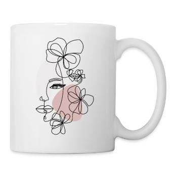 Line Art Frau mit Blumen - Minimalistische Frau - Tasse - Weiß - Rechts