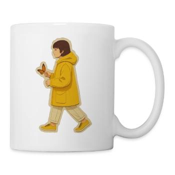 Junge in gelber Jacke mit Schmetterling - Tasse - Weiß - Rechts