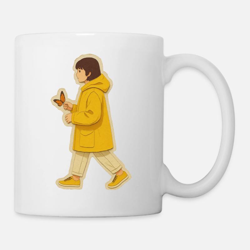 Junge in gelber Jacke mit Schmetterling - Tasse - Weiß