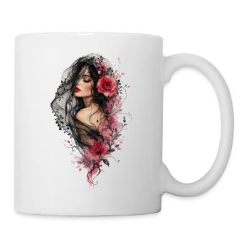 Frau mit schwarzem Schleier und Blüten - Tasse - Weiß - Rechts