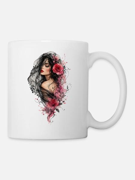 Femme au voile noir et aux fleurs - Mug blanc - blanc