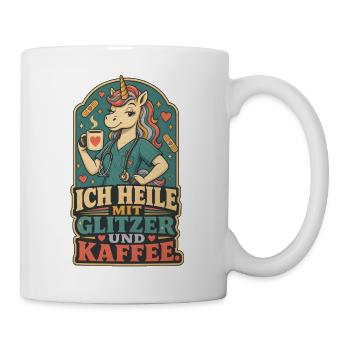 Einhorn Pflege Glitzer Kaffee Shirt - Tasse - Weiß - Rechts