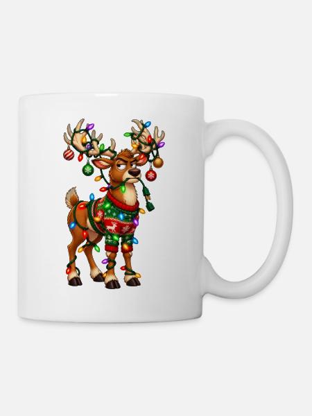 Lichter-Rentier im Weihnachtsstrick - Tasse - Weiß