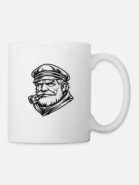 Kapitän mit Pfeife im Holzschnitt-Stil - Tasse - Weiß