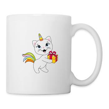 Süßes lächelndes Katzeneinhorn mit Geschenkbox - Tasse - Weiß - Rechts