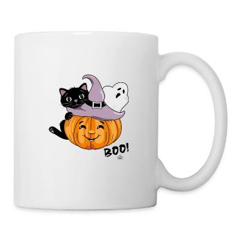 Smiling pumpkin with black cat and ghost - Mug - white - Right
