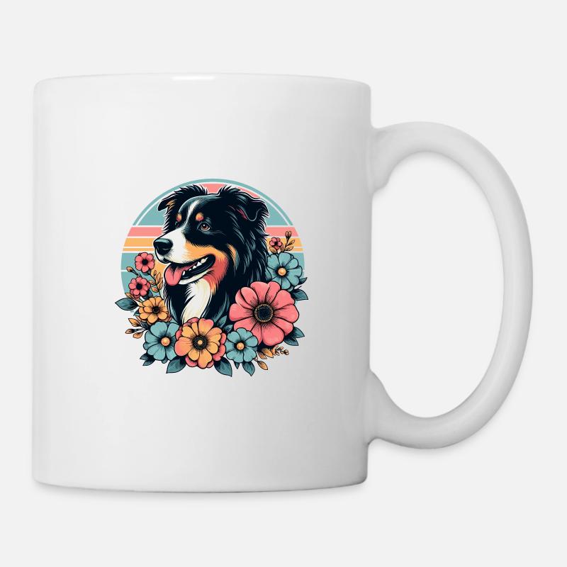 Australian Shepherd black tri Pastell Retro Blumen - Tasse - Weiß