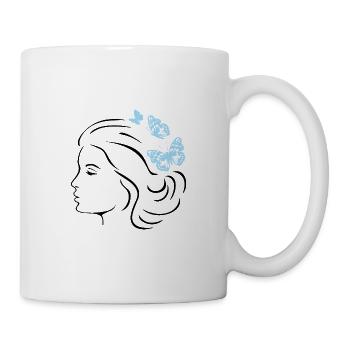 Blaue Schmetterlinge in der Frisur einer Frau - Tasse - Weiß - Rechts