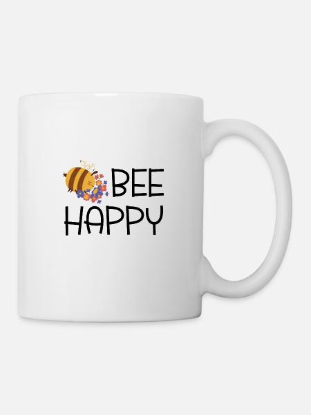 "Bee Happy" - black lettering with bee - Mug - white