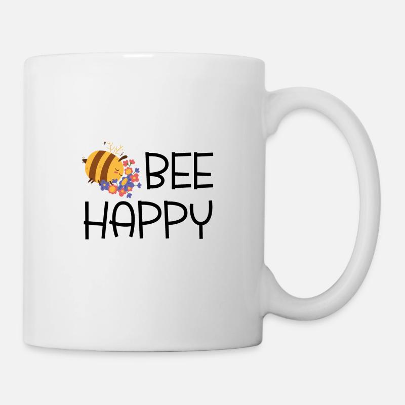 "Bee Happy" - schwarzer Schriftzug mit Biene - Tasse - Weiß