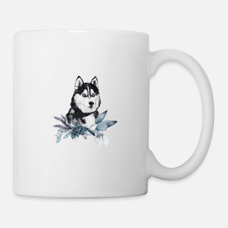 Portrait husky décoré de plantes de Noël - Mug blanc - blanc