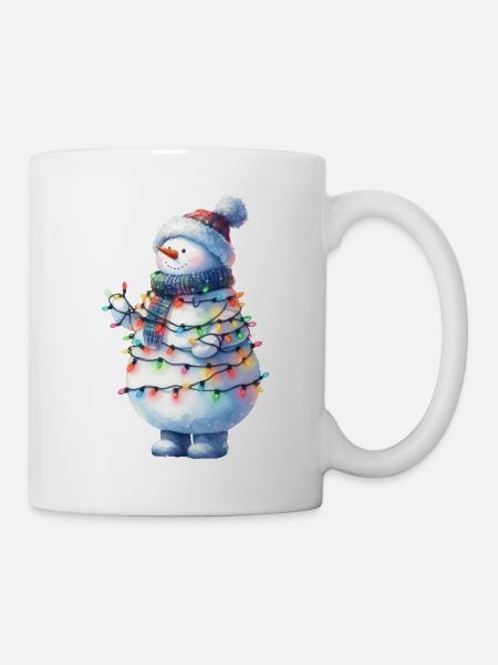 Niedlicher Schneemann mit Lichterkette - Tasse - Weiß