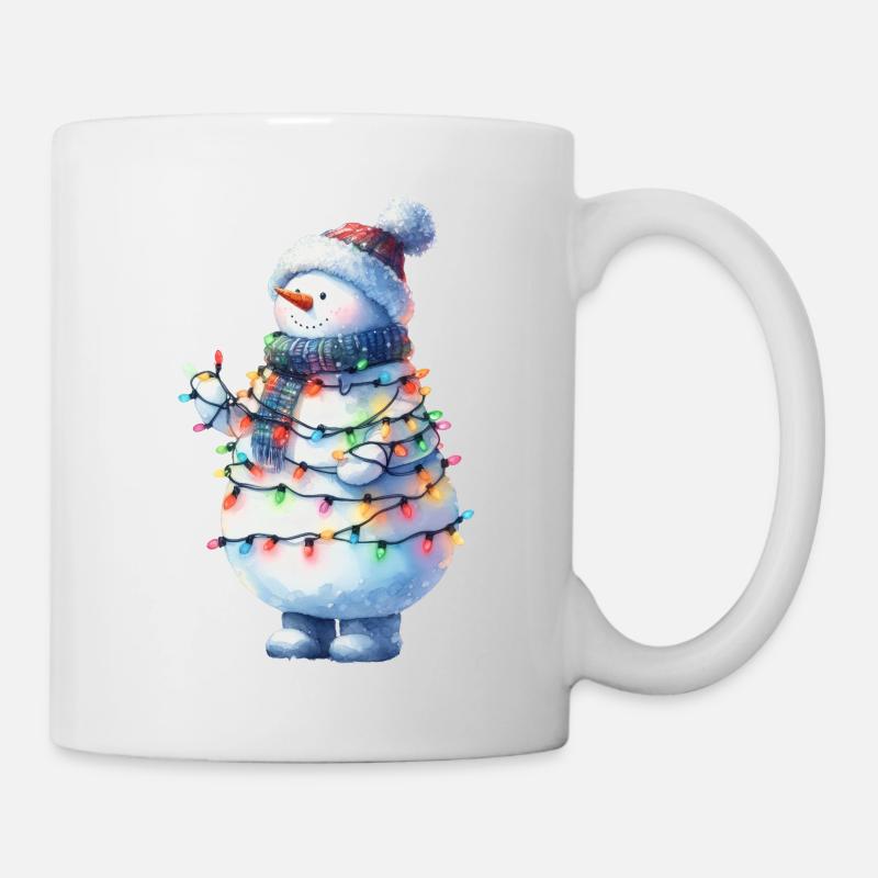 Niedlicher Schneemann mit Lichterkette - Tasse - Weiß