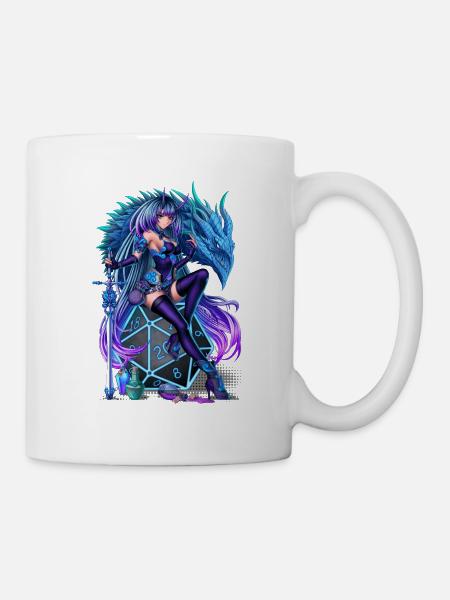 Anime Inspired Dragon Girl sitting on a D20 Die - Mug - white