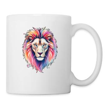 Farbexplosion Löwenkopf – Kunstvolles T-Shirt-Desi - Tasse - Weiß - Rechts