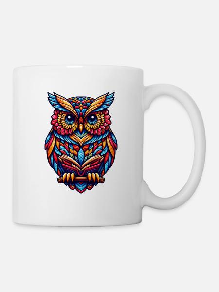 HIBOU GRAND-DUC OISEAU DE PROIE CHOUETTE HULOTTE PLUME ARC-EN-CIEL COLORÉ - Mug blanc - blanc