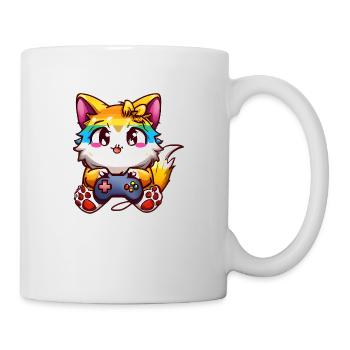 00240 flauschige Katze mit Kopfhörer & Controller - Tasse - Weiß - Rechts