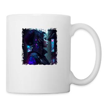 Weiblicher Cyborg in einer möglichen Neon Zukunft - Tasse - Weiß - Rechts