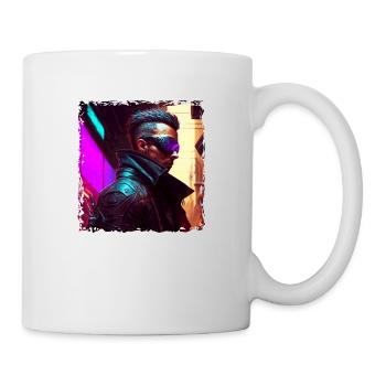Cyborg soldier in neon high tech cyberspace look - Mug - white - Right