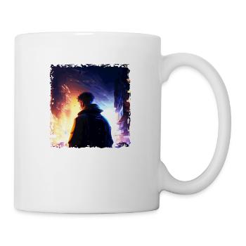 Ville en feu aux couleurs néon et jeune héros - Mug blanc - blanc - Droite