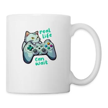 Gamer Katze Controller Spruch Real Life Can Wait - Tasse - Weiß - Rechts