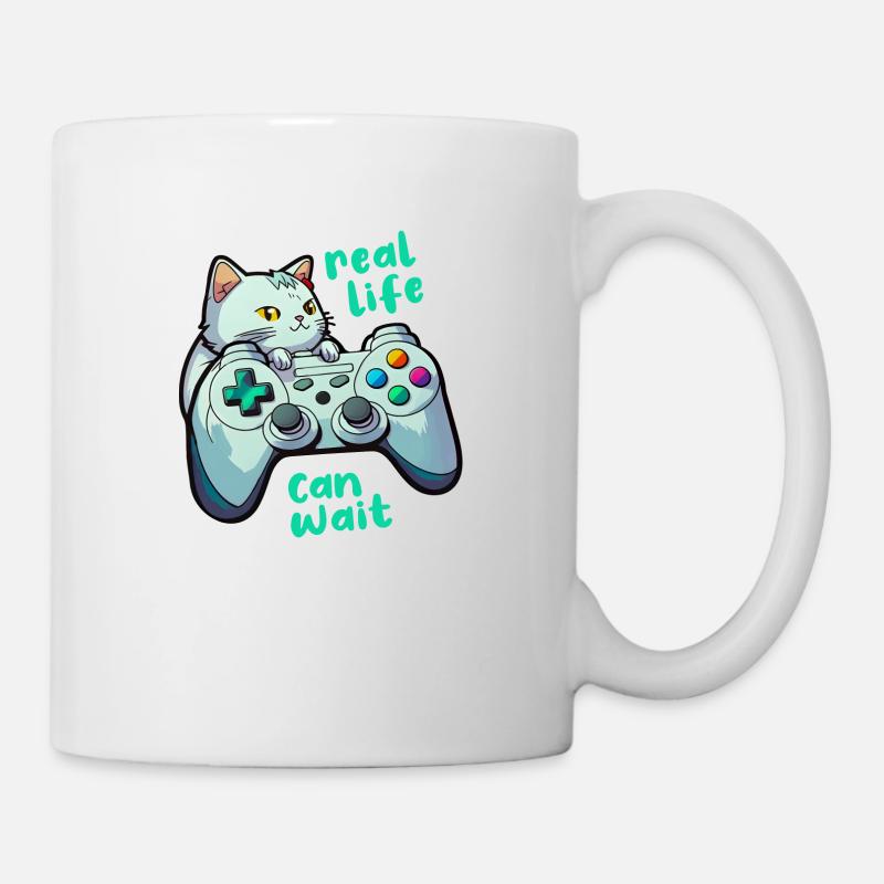 Gamer Katze Controller Spruch Real Life Can Wait - Tasse - Weiß