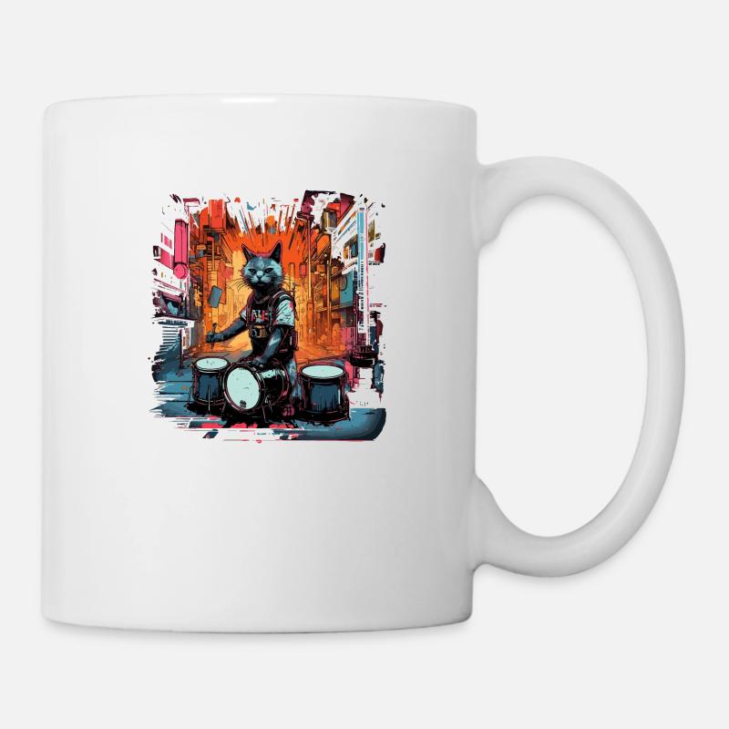 Cat Drummer Music Animal Drums Wild Cat - Mug blanc - blanc