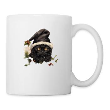 Schwarze Katze mit Weihnachtsmütze, T-Shirt, Tasse - Tasse - Weiß - Rechts