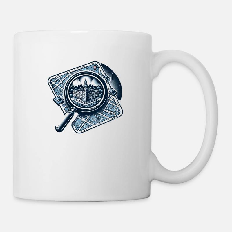 Map with a magnifying glass showing a mansion - Mug - white