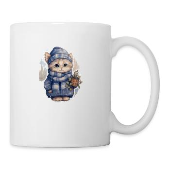 Kätzchen im Schnee mit Mütze, Schal und Mantel - Tasse - Weiß - Rechts