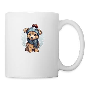 Cute dog in the snow with hat and scarf - Mug - white - Right