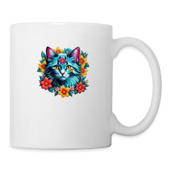 Katze und Blume Aquarell - Tasse - Weiß - Rechts